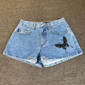 Vintage 90s Be Bop Denim Shorts Womens 9 Blue Light Wash Butterfly Design Summer